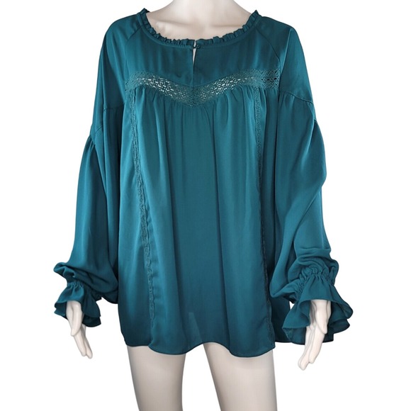 Zac & Rachel Tops - Zac & Rachel Teal Lace-Trim Peasant Boho Blouse